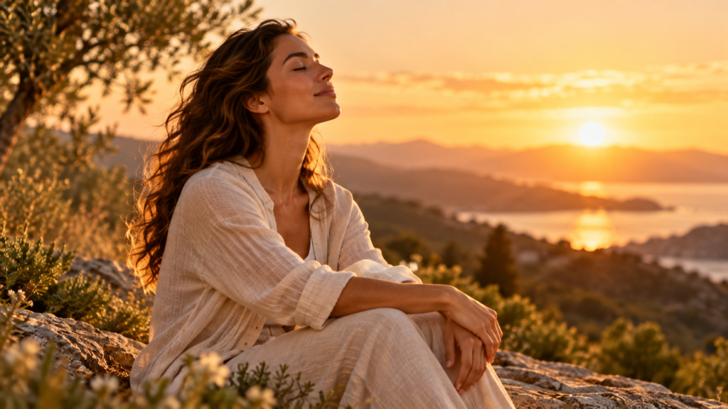 Une femme aux cheveux bruns est assise sur des rochers, les yeux fermés, face à la mer et aux collines au coucher du soleil.