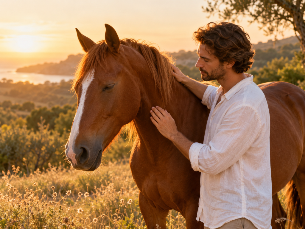 Um homem de cabelo castanho e camisa branca coloca delicadamente as mãos no pescoço de um cavalo alazão, numa pradaria iluminada pelo pôr do sol.