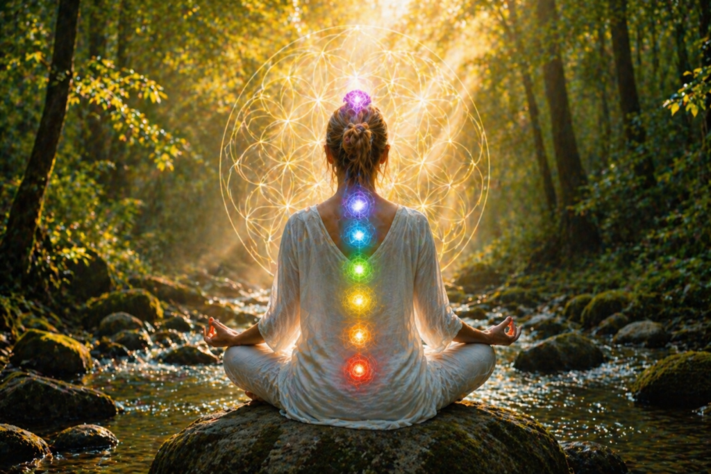 Mulher a meditar na natureza sobre uma pedra com os chakras alinhados e energia luminosa ao redor num ambiente tranquilo com água e floresta
