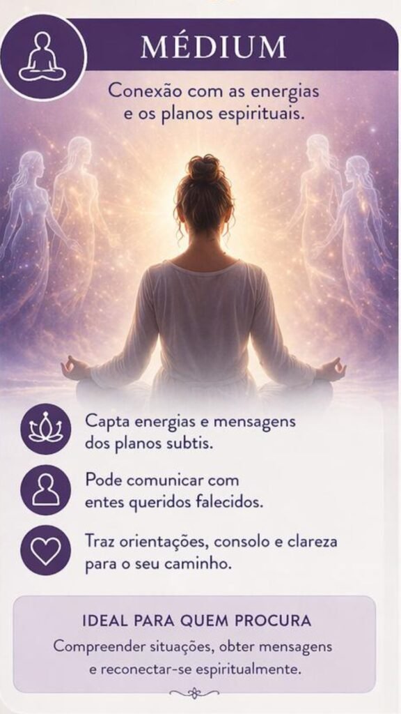Diferença entre médium, vidente e cartomante explicada com infográfico espiritual