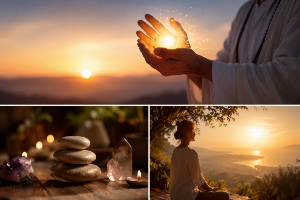 Mãos segurando uma esfera luminosa ao pôr do sol com ambiente espiritual, pedras e meditação ao fundo