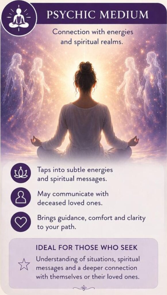 Psychic Medium, Psychic or Tarot Reader: What’s the Difference? Difference between psychic medium psychic and tarot reader explained in spiritual infographic