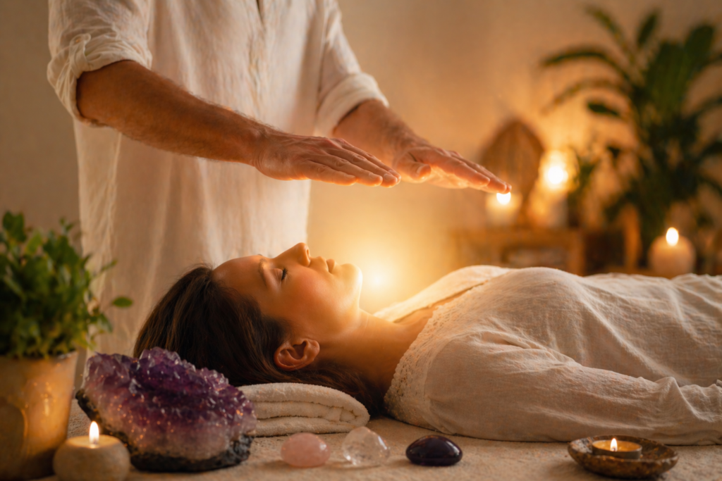 Terapeuta realizando uma sessão de magnetismo com as mãos acima do corpo num ambiente tranquilo com velas e cristais