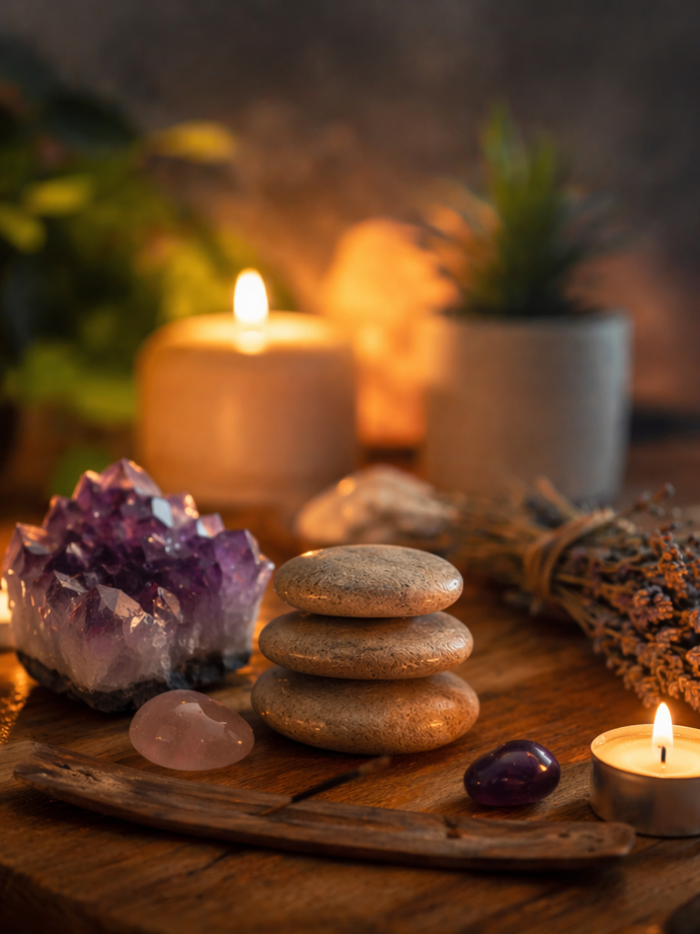 Mãos segurando uma esfera luminosa ao pôr do sol com ambiente espiritual, pedras e meditação ao fundo