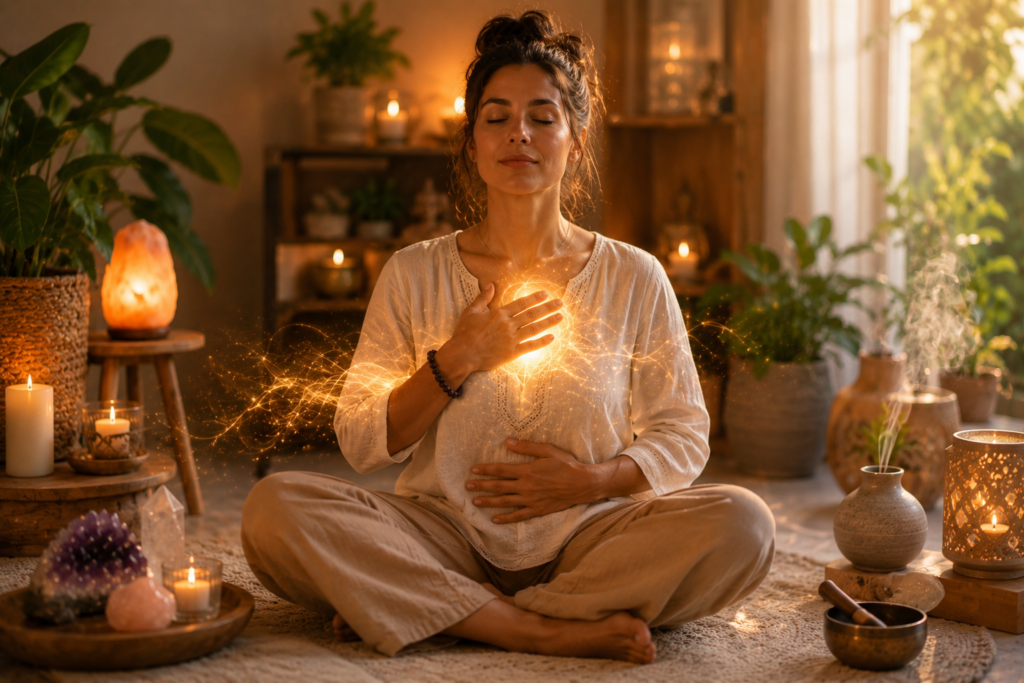 Mulher a meditar com energia luminosa junto ao coração num ambiente espiritual tranquilo promovendo cura emocional e relaxamento profundo