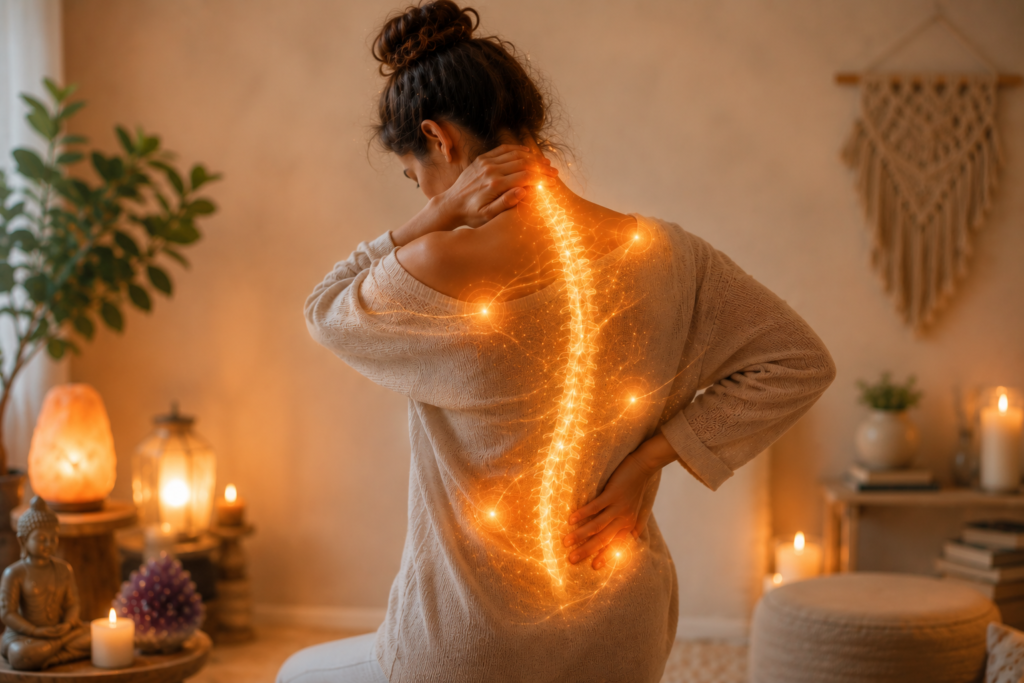 Silhueta humana em meditação rodeada por energia luminosa com zonas iluminadas no coração e costas simbolizando a ligação entre emoções e dores físicas