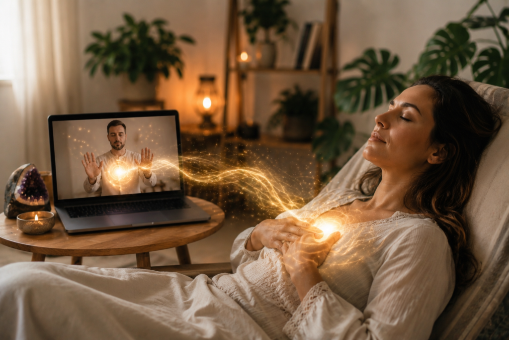 Relaxed woman receiving a remote energy healing session with glowing energy connecting her heart to a healer visible on a laptop screen in a peaceful spiritual setting