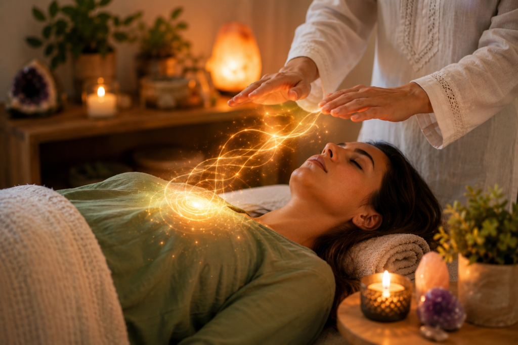 Mulher a meditar num ambiente espiritual acolhedor com energia luminosa junto ao coração promovendo relaxamento e equilíbrio emocional