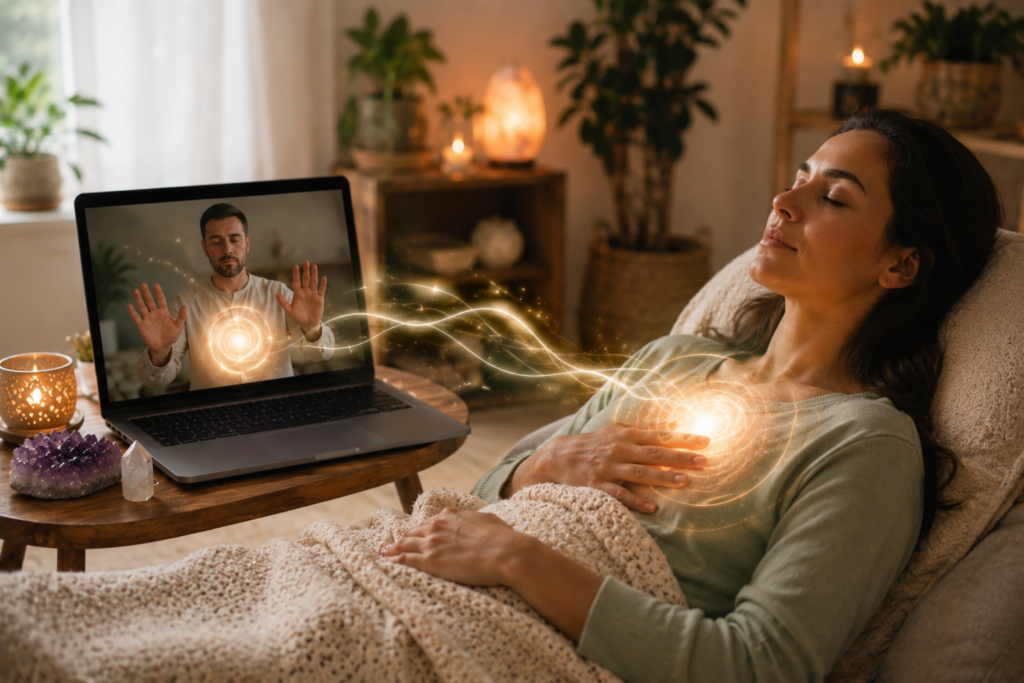 Mulher a receber uma sessão de cura energética à distância no sofá com energia luminosa ligada a um terapeuta visível num computador portátil num ambiente acolhedor