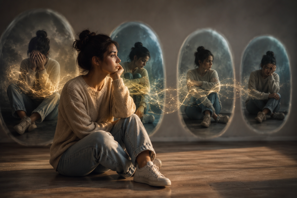 Mulher sentada em reflexão diante de vários reflexos que simbolizam padrões repetitivos, bloqueios emocionais e transformação interior.