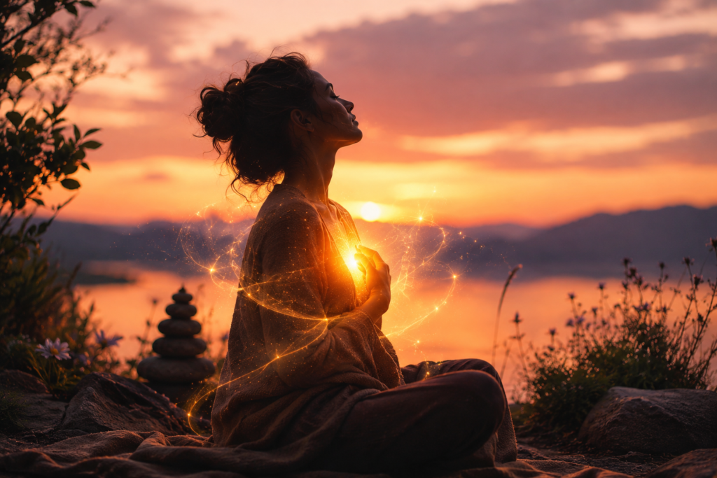 Femme méditant au coucher du soleil entourée d'une lumière énergétique symbolisant la libération des blocages émotionnels et le retour à l'équilibre intérieur.