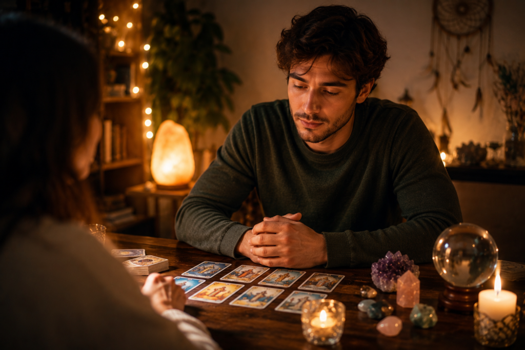 Young man receiving a psychic reading in a peaceful and confidential spiritual consultation.