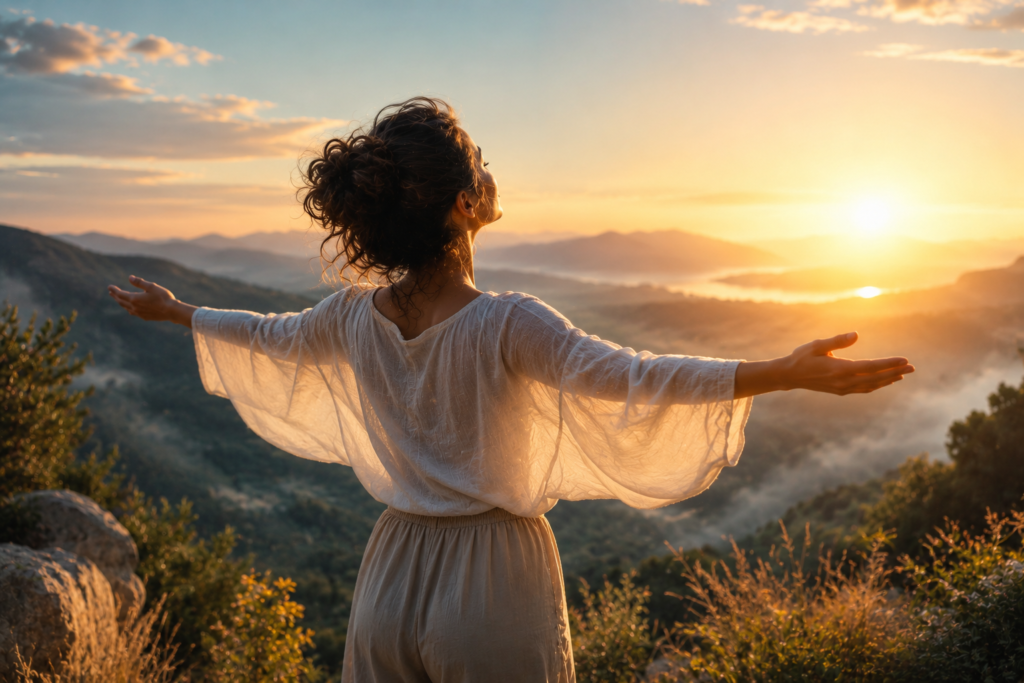 Paisagem tranquila ao nascer do sol com uma pessoa em meditação na natureza, simbolizando libertação emocional, paz interior e equilíbrio energético.