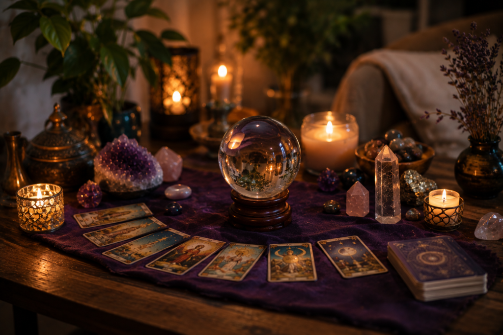 Tarot cards, crystal ball and healing crystals prepared for a psychic reading session.
