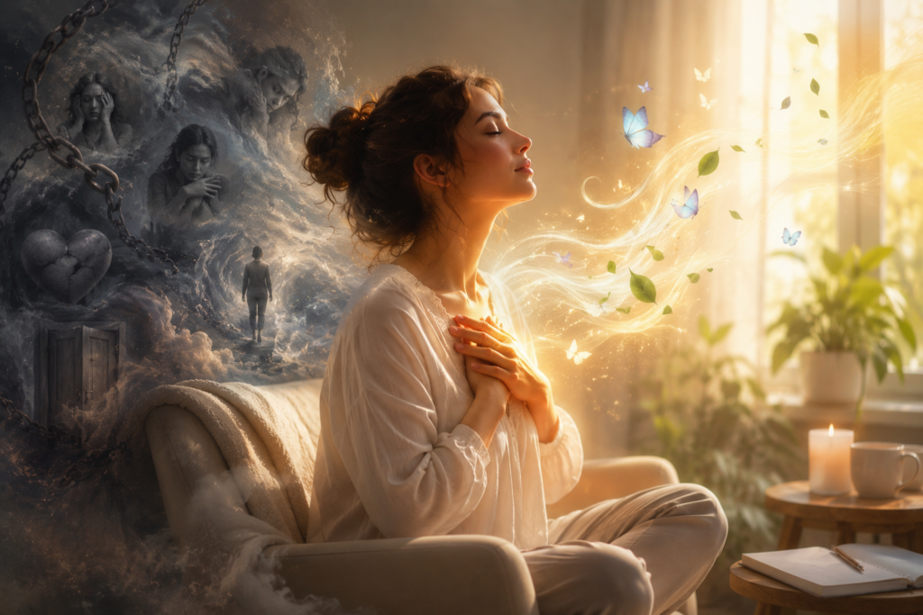 Mulher em meditação rodeada por luz simbolizando a libertação de bloqueios emocionais, a cura interior e a transformação pessoal.