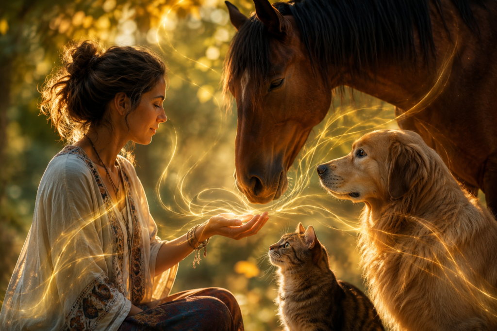 Communication énergétique intuitive entre une femme et des animaux dans une forêt, illustrant la communication animale et le lien énergétique entre humains et animaux.