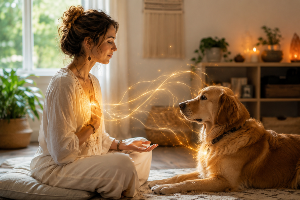 Pessoa em ligação intuitiva com um animal na natureza, ilustrando a comunicação animal e a conexão energética entre o ser humano e o seu companheiro.