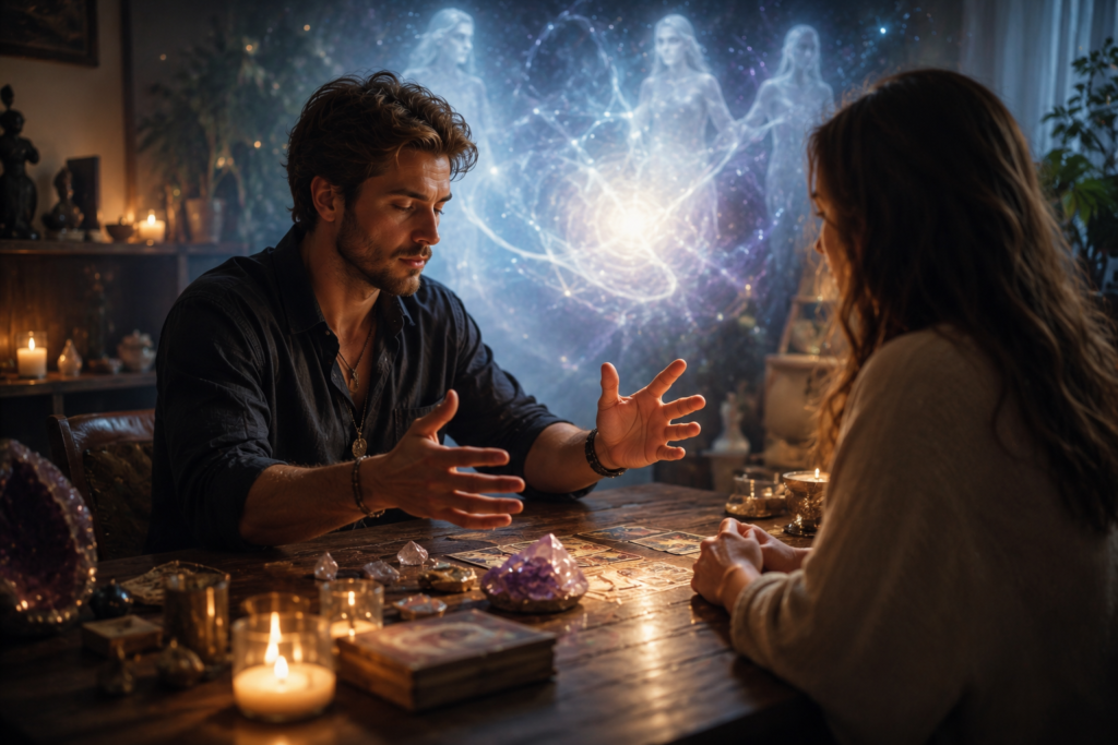 A dark-haired male psychic medium conducts a spiritual reading in a peaceful atmosphere surrounded by candles and luminous spiritual energy.