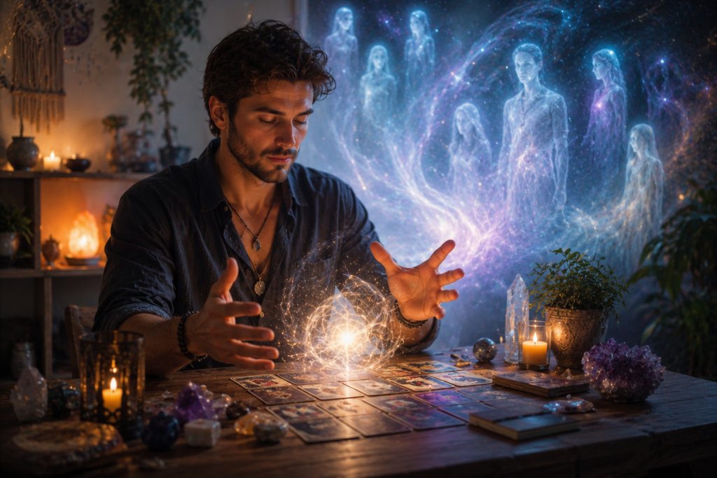 Un médium homme canalise une énergie lumineuse lors d'une séance de médiumnité, entouré de cartes, de cristaux et d'une présence spirituelle.