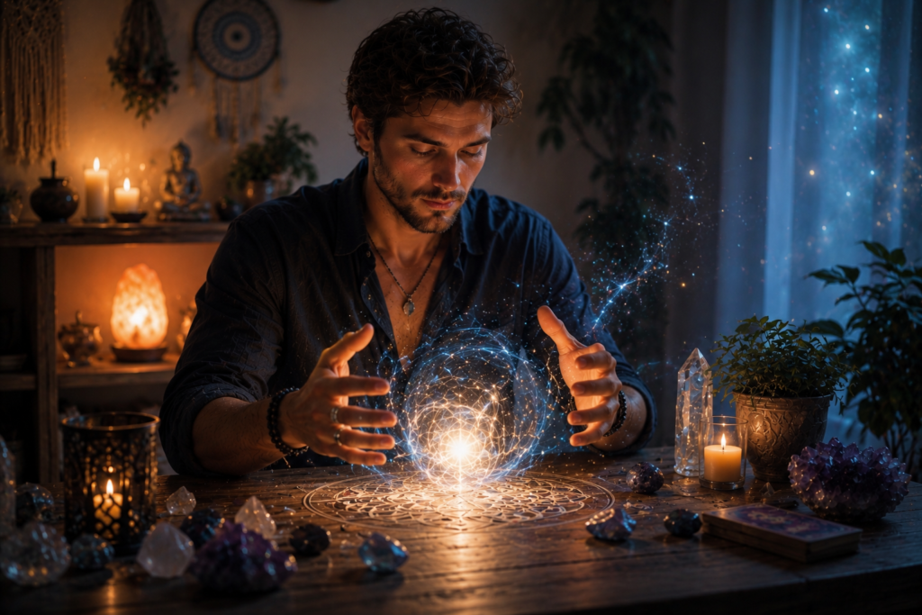 A dark-haired man in his thirties practices an intuitive spiritual session surrounded by candles, crystals, and luminous energy in a peaceful atmosphere.