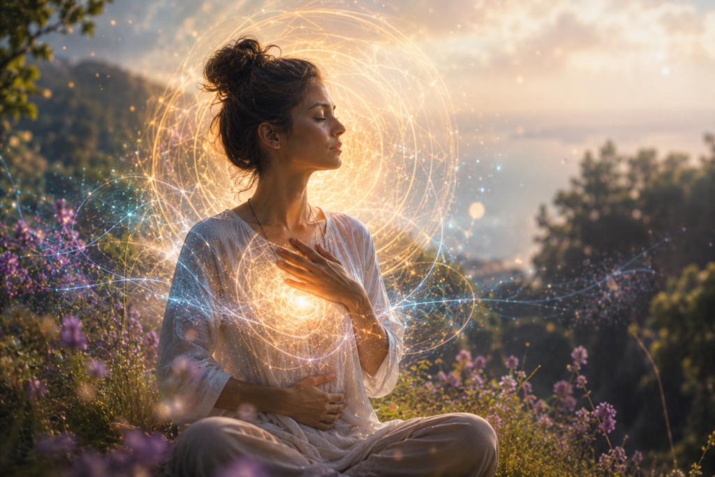 Woman meditating in nature to develop intuition A woman meditates in nature surrounded by soft light and luminous energy, symbolizing intuition, inner awareness, and spiritual awakening.